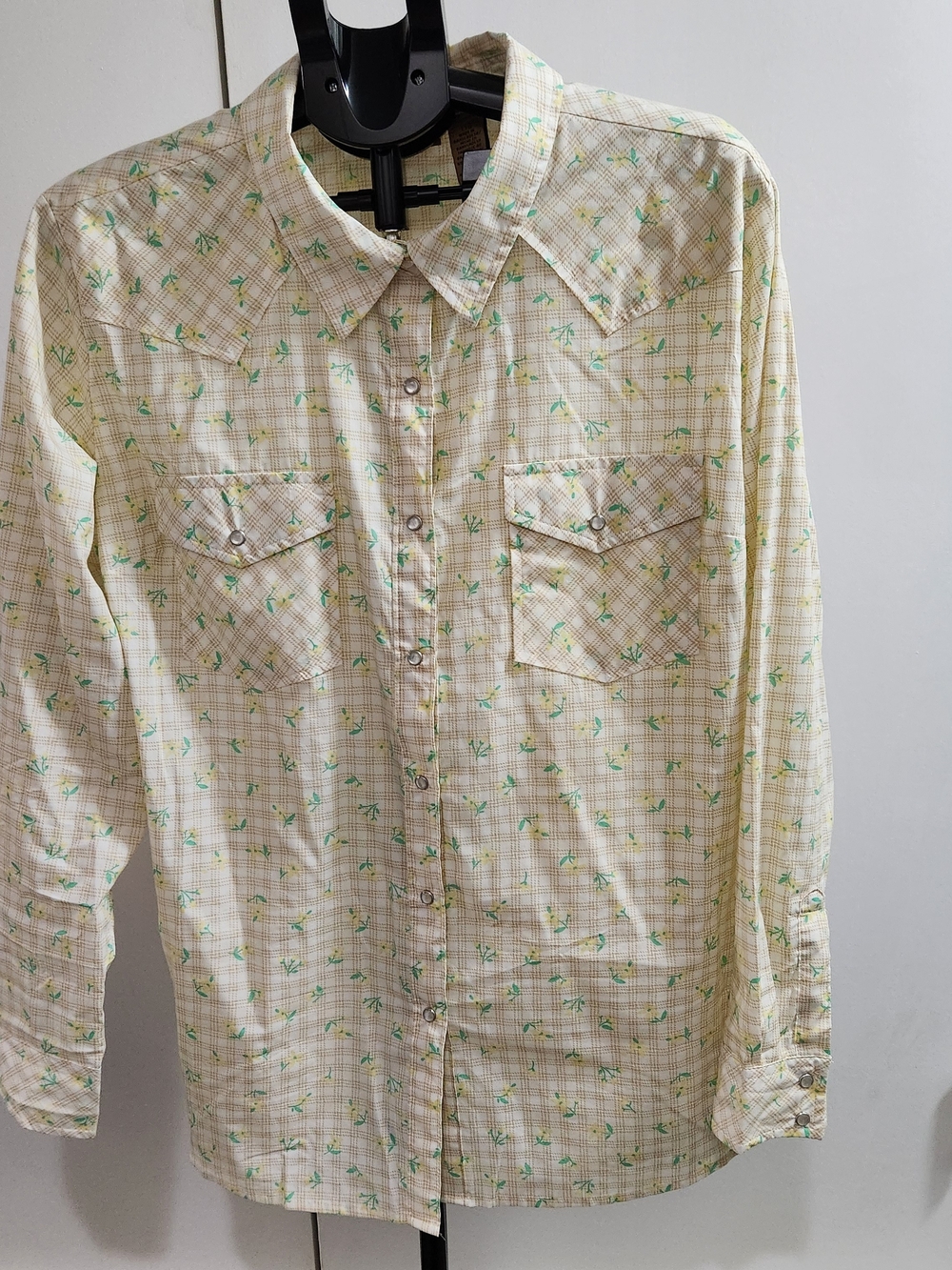 Wrangler Light Yellow Plaid Button-Down Shirt with Green Print